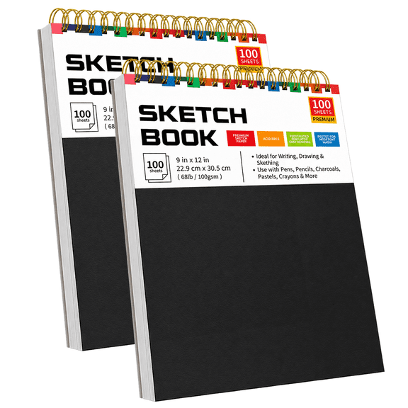 2-Pack 9" x12" Top Spiral Sketchbook, 100 Sheets 100GSM Acid-Free Multi-Media Paper, Perforated Pages