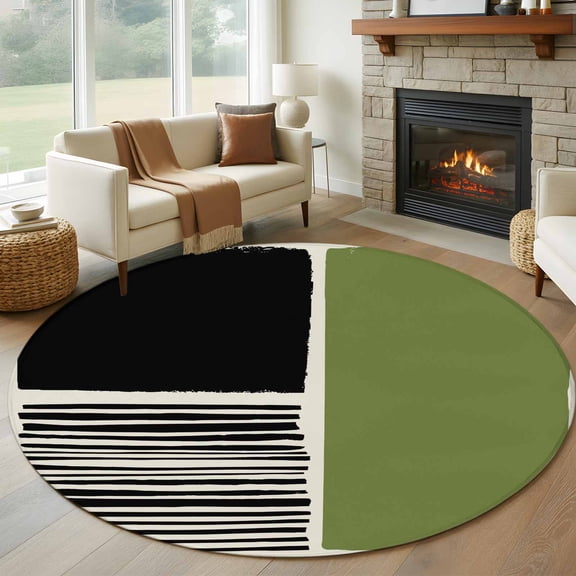 Round Rug 5Ft Washable Non-Slip, Sage Green Black Circle Area Rugs for Living Room Bedroom, Farmhouse Striped Modern Abstract Art Indoor Floor Mats Carpet Runner for Home Decor Aesthetic