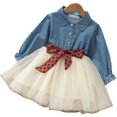 thumbnail image 3 of Vestido de moda para niñas de primavera y otoño, linda falda de malla de costura de vaquero + conjunto de cinturón de punta de onda desmontable, 3 of 6