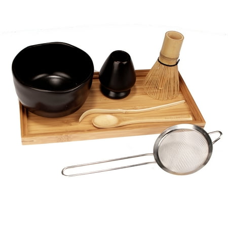 Japanese Ceremonial Matcha Green Tea Whisk Set - Golden Chasen Whisk, Chashaku, Tea Spoon, Black Bowl, Black Rest, Strainer, Tea Tray