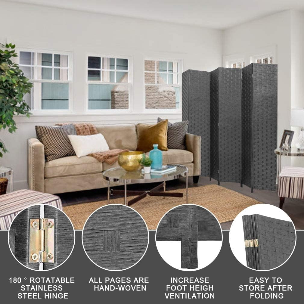 Dkelincs Wood Room Dividers 6 Panels Portable Folding Partition Screen Wood Mesh Woven Design Wall Divider(Black)