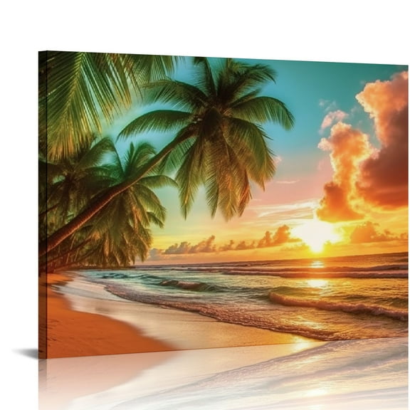 Shiartex Beach Wall Art for Living Room Ocean Canvas Wall Decor for Home Tropical Palm Tree Picture for Wall Coastal Painting for Bedroom Gold Sunset Art Print for Bathroom Decor 20x16 in/16x12 in