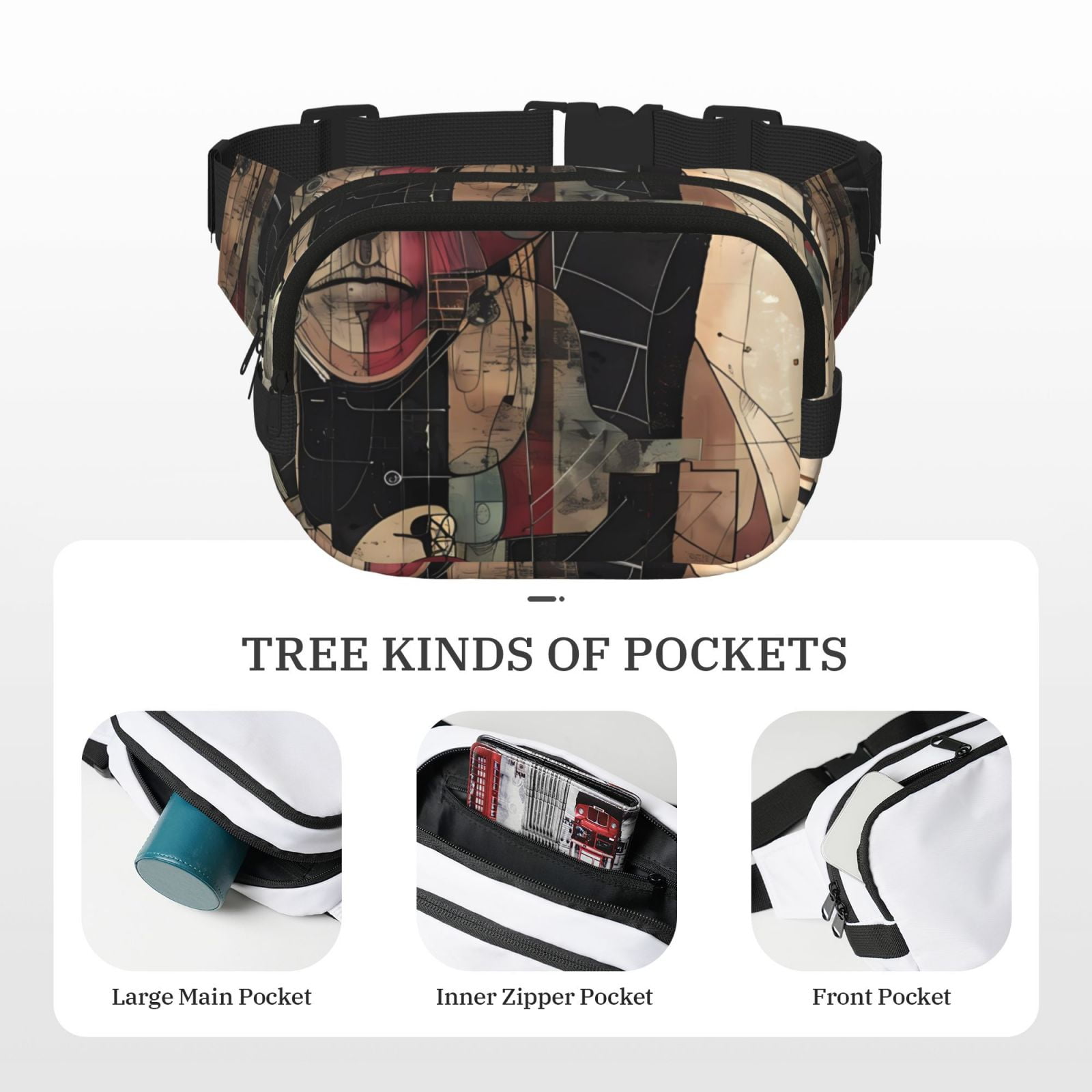 Picia Abstract Geometric Faces Print Square Double-Layer Waist Bag Mini Adjustable Waist Belt Bag Exercise Running Travel Hiking