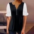 thumbnail image 2 of Plebaso Hauts d'Été pour Femmes Patchwork Dentelle Manches Courtes Tunique Décontractée Boutonnée Col en V Blouses Habillées, 2 of 6