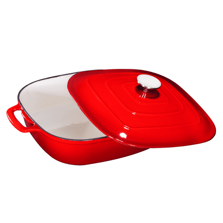 Covered Braiser - Enameled Cast Iron Casserole Square Braiser - Pan with Cover, 3.8-Quart, Fire Red