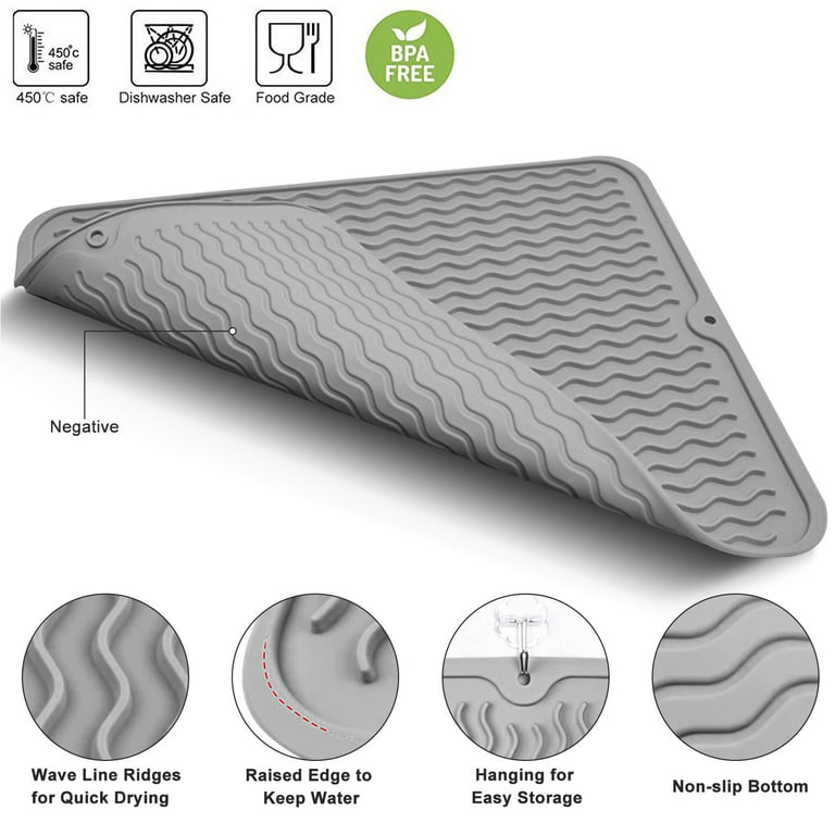 Manunclaims Draining Mat Self Draining Silicone Drying Mat Anti-Scratch Food Grade Dish and Glassware Sloped Board Silicone Tray, Size: Small, Gray