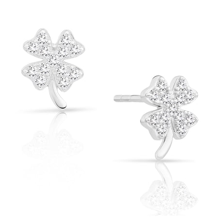 Tilo Jewelry 925 Sterling Silver Clover Design Stud Earrings with Cubic Zirconia CZ Stones for Women & Unisex