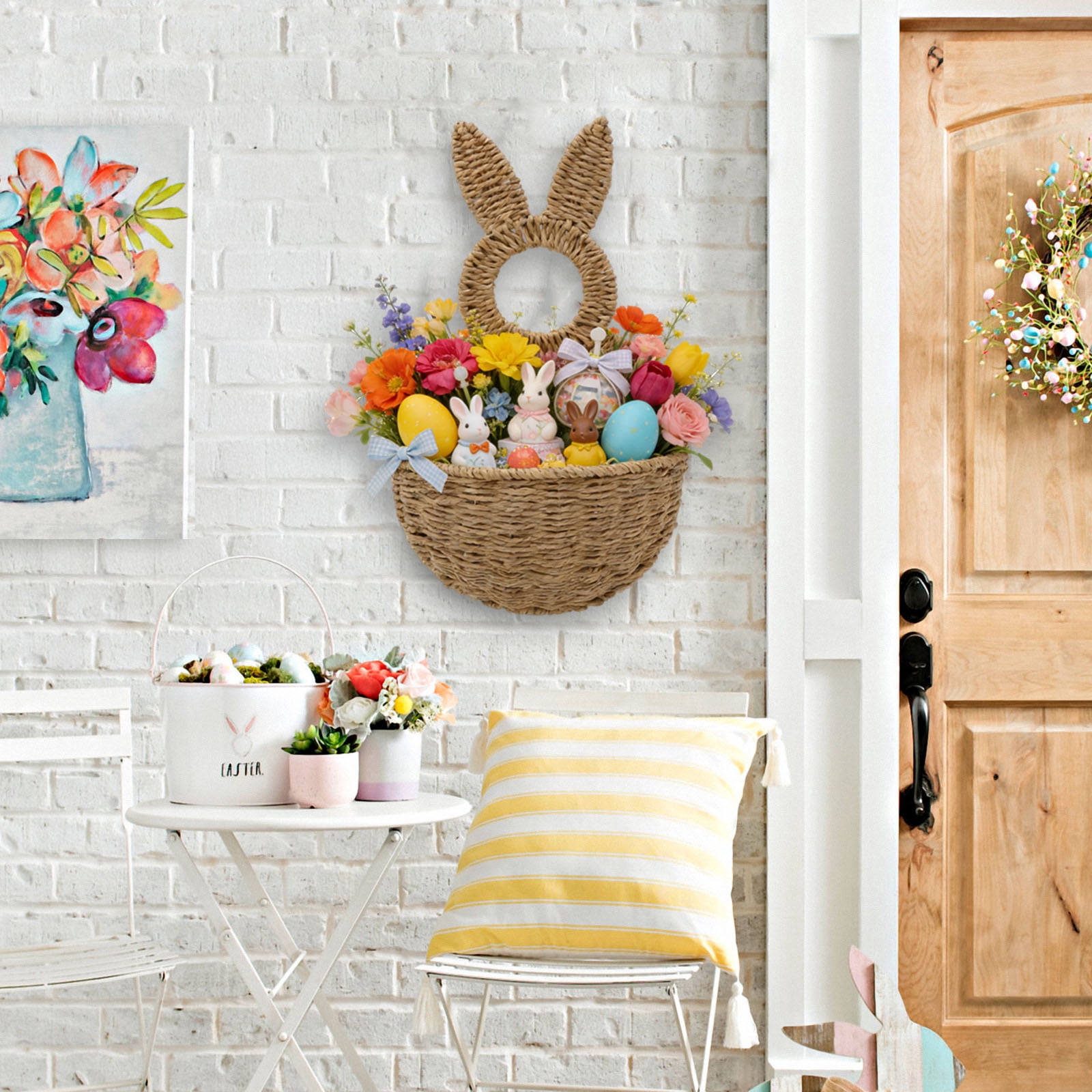 Hare Shape Basket Woven Plastic Easter Basket Wall Ornament For Holiday Decoration Indoor and Outdoor Display