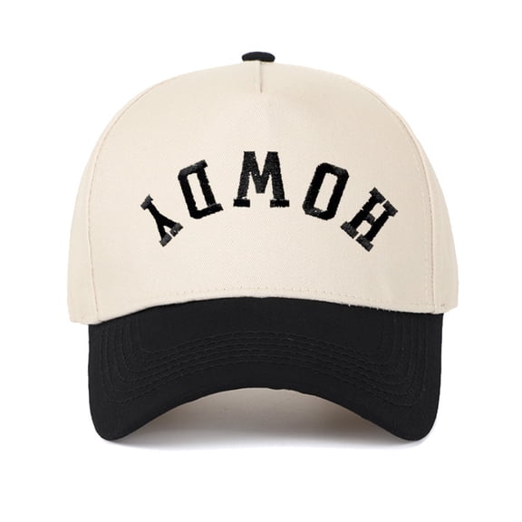 Five-panel cap with HOWDY letter embroidery, color-blocked hard-top baseball cap, embroidered vintage trucker hat for men and women
