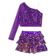 thumbnail image 3 of Alvivi Girls Sequins Long Sleeve One Shoulder Latin Jazz Dance Crop Top with Ruffle Skirted Shorts Purple 14, 3 of 7