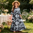 thumbnail image 7 of Little Girls Maxi Dress 4-14 Years Ruffle Half Sleeve Round Neck Floral Print Tiered Long Dress with Side Pockets Gray G 7-8 Years, 7 of 7