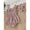 thumbnail image 4 of Baby Summer Jumpsuit Outfit Solid Color Ruched Toddler Girl Casual Sleeveless Suspender Rompers and Headband, 4 of 8