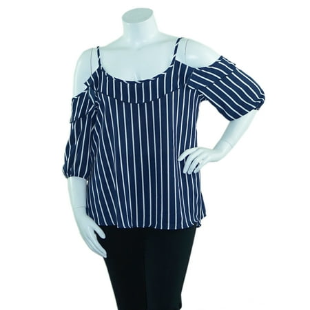 Length Cut Out - Fashion House LA Women's Plus Size Cold Shoulder Striped Woven Blouse Top Cut Out 3/4 Length Sleeves Navy/White Single Stripe 1X