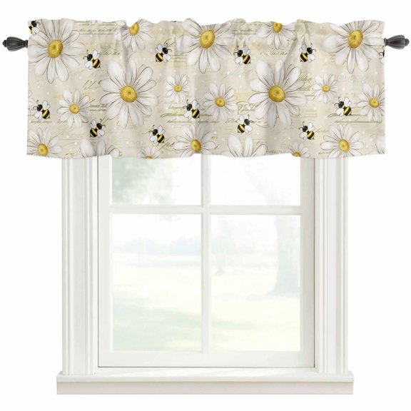 White Daisy Farmhouse Kitchen Valances for Windows, Garden Floral Honeybees Vintage Bathroom Window Valances 42x18 Inch Rod Pocket Window Treatments Valance Curtains for Living Room Bedroom Decor