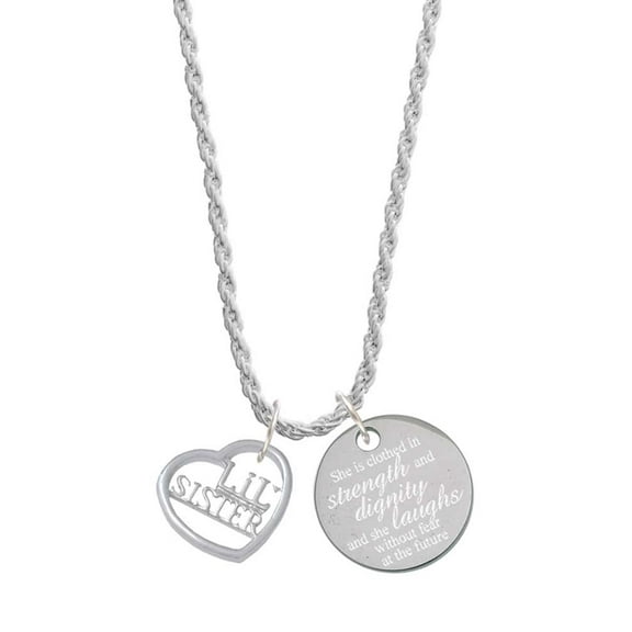 Delight Jewelry Silvertone Lil Sister in Open Heart - 5/8'' She is Clothed in Stength and Dignity Charm Necklace, 20" 3"