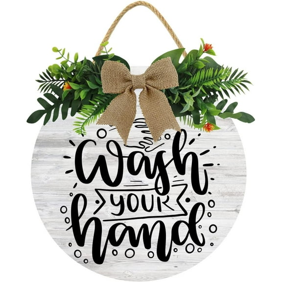 Eveokoki 12" Wash Your Hands Front Door Sign Funny Wreaths Hanging Wooden Plaque Decoration Round Rustic Wood Farmhouse Porch Decor for Home Front Door Decor