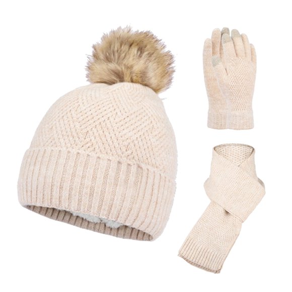 Outfmvch Beanie For Women Hat And Scarf Set For Women Wool Ball Plush Knitted Hat Three Piece Suit Wool Knitted Warm Gloves Hat Scarf Three Piece Suit Gloves Khaki One Size