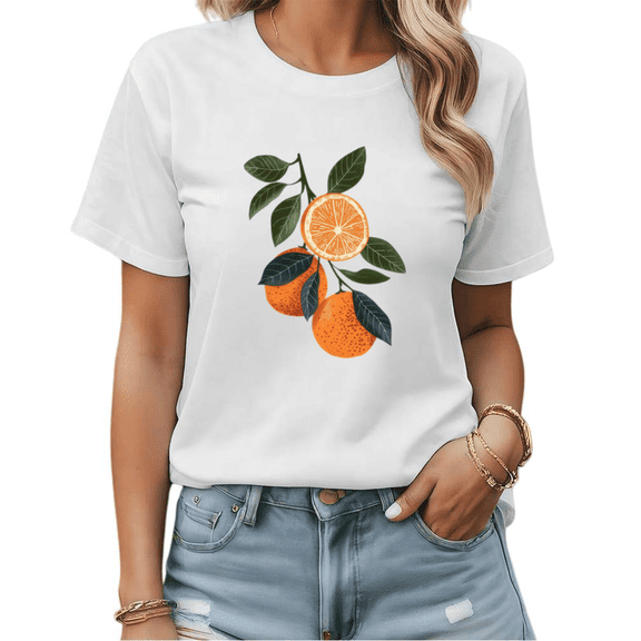Minimalist Orange Branch Graphic Tees Womans T-shirt Black/White S-5XL Shirts Citrus Fruit Tops