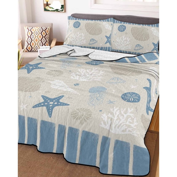 Light Blue Coastal King Size Down Alternative Comforter,Lightweight Comforter Quilt Bedding Set with Pillow Shams Vintage Ocean Nautical Starfish Coral Striped Bed Comforter Duvet Insert 96"x106"