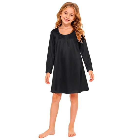 Curuila Kids Girls Pajama Dress Long Sleeve Solid Color Crew Neck Everyday Wear Comfortable Homewear Dresses Size 5-6 Years