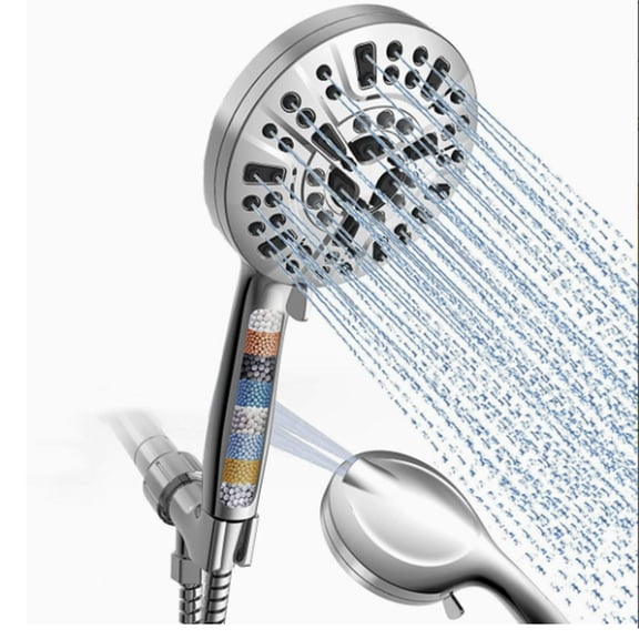 Mnplcie High Pressure Shower Head Handheld 5" Large, Extra Long 60" SS Hose 10-mode Portable Detachable Shower Head with Hard Water Filter for Bathroom, Anti-clog And Powerful to Clean Tile And Pets