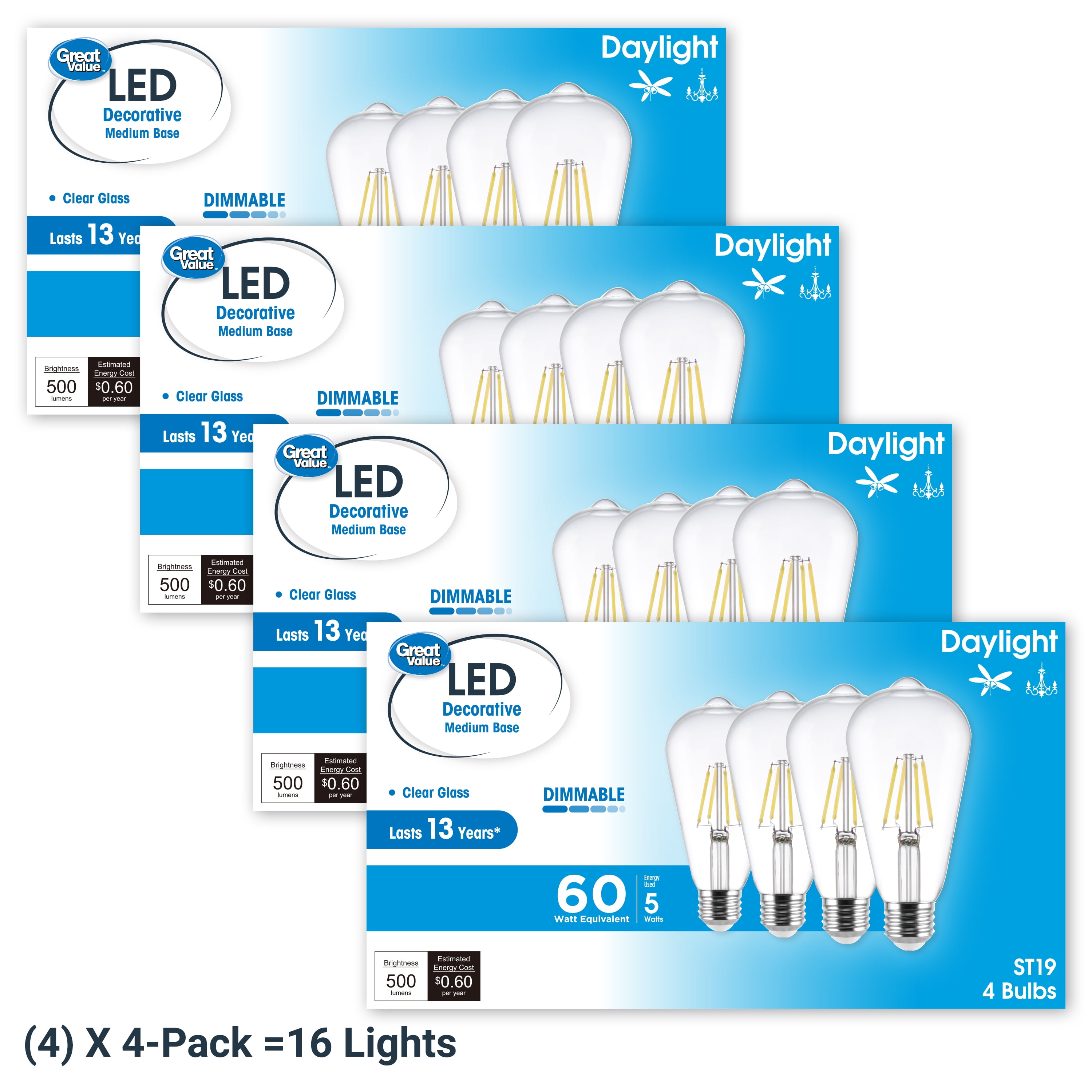 Great Value ST19 Vintage LED Light Bulb, 5-Watt (60W Equivalent), Daylight, Dimmable, E26, 16 Pack