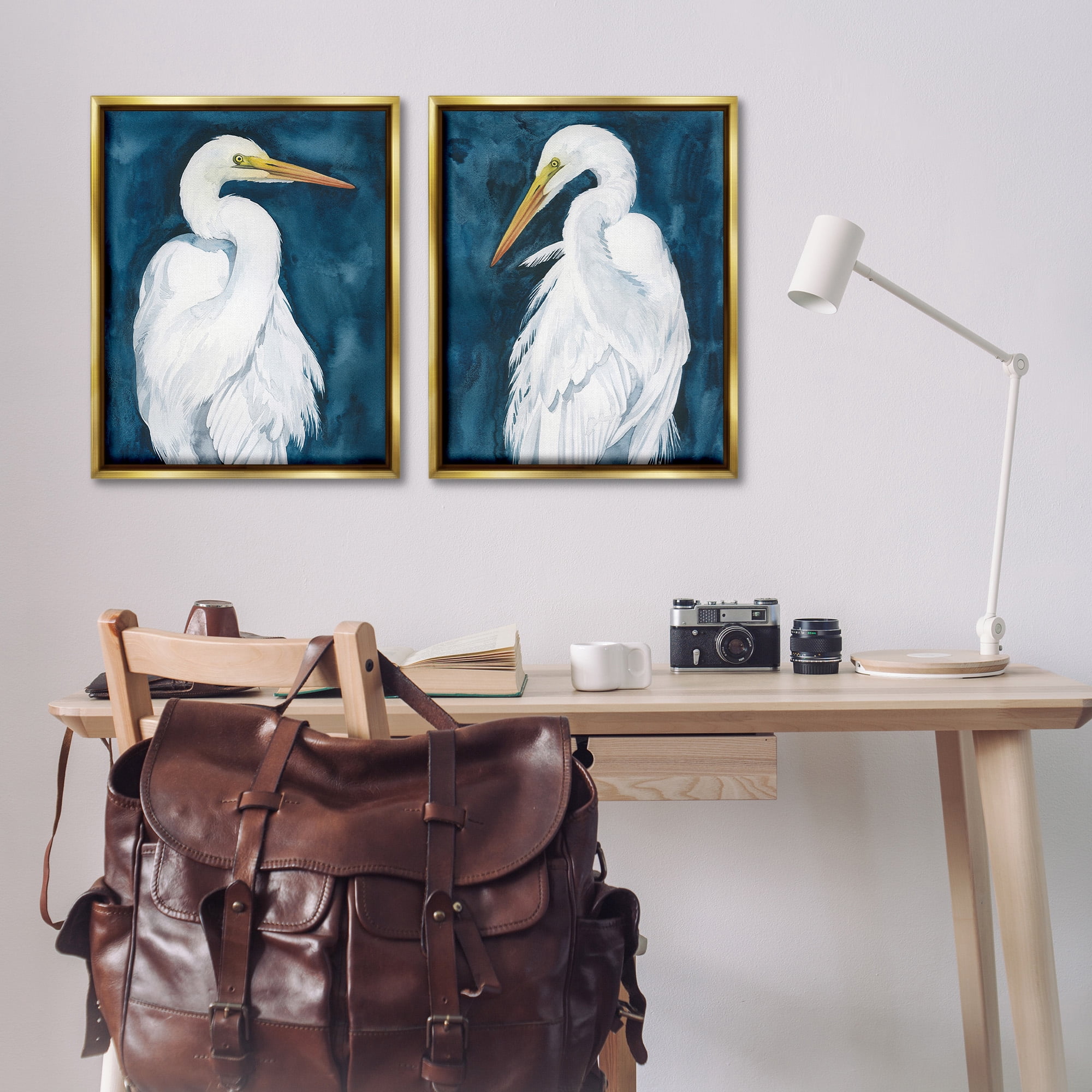 Stupell Industries Elegant Egrets on Blue Animals & Insects Painting Gold Floater Framed Canvas Art Print Wall Art, 25 x 31, Set of 2