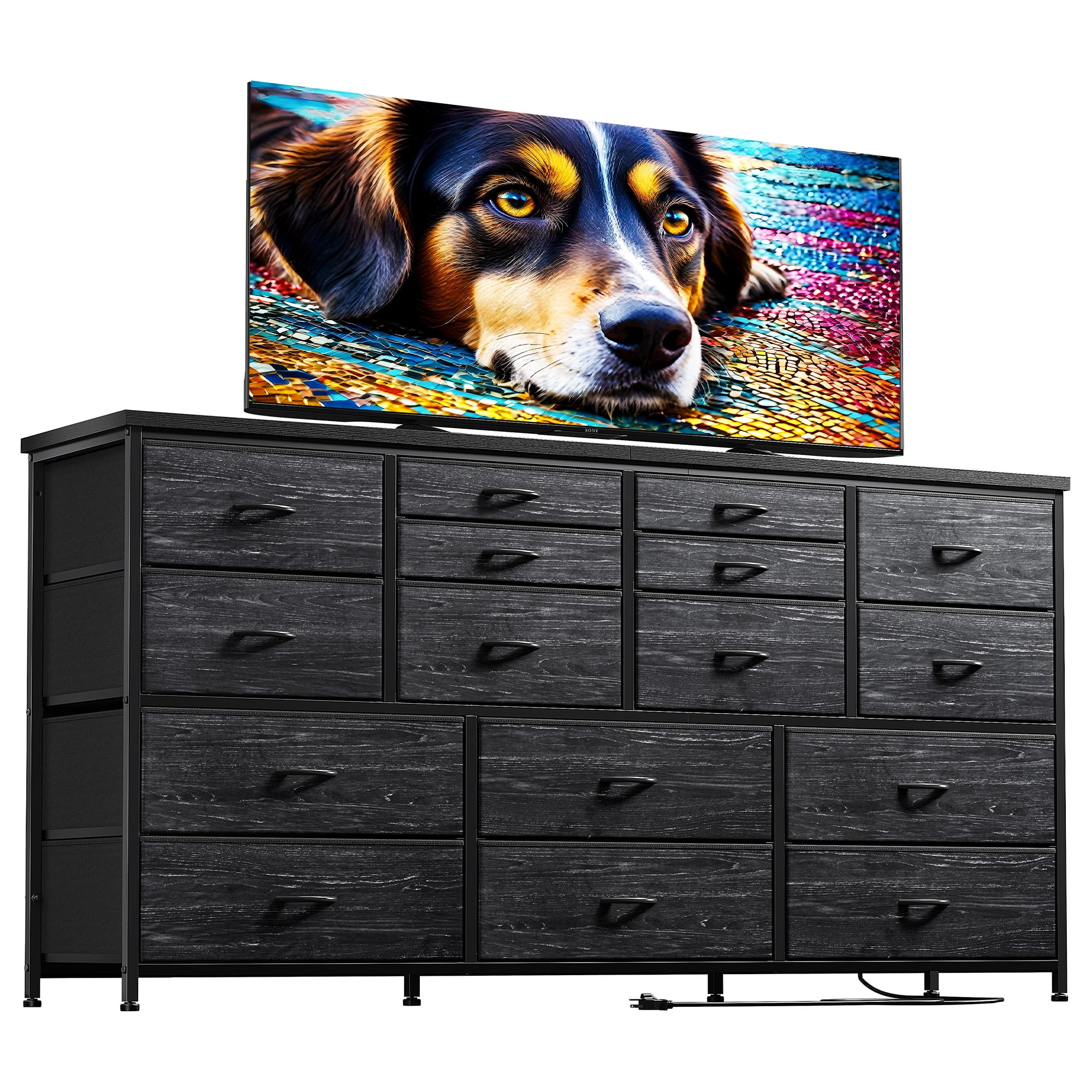 Romorgniz Black Dresser for Bedroom with 16 Drawers for Closet Fabric Dressers & Chests of Drawers TV Stand with Charging Station
