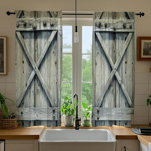 Farmhouse Gray Barn Door Kitchen Curtains Vintage Country Small Short Wood Window Drapes Rustic Farm Wooden Window Curtains for Bathroom Bedroom 2 Panels Window Treatment Tiers 26x36 Inch