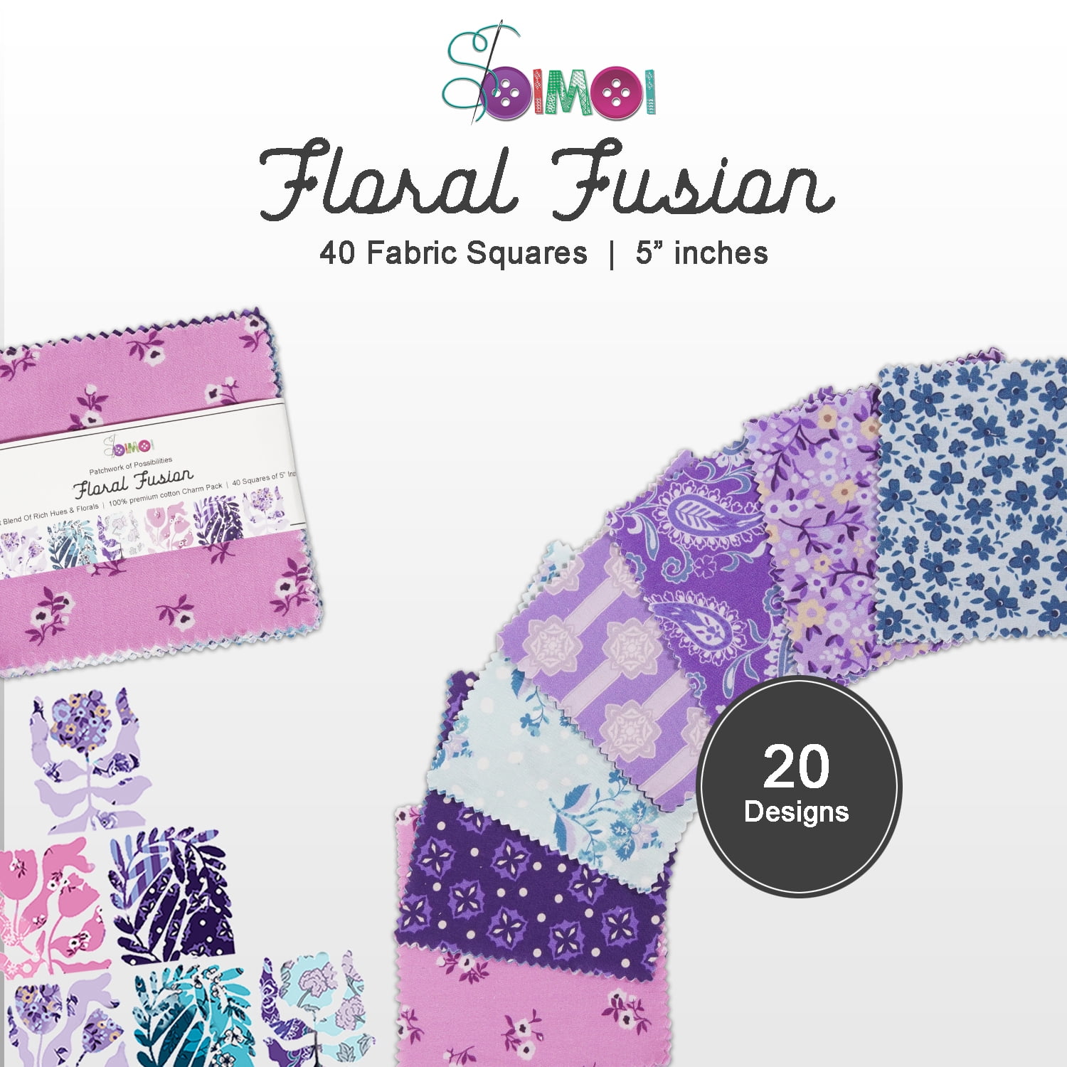 40Pcs 5" x 5" DIY Cotton Fabric Squares, 5" Layer Cake Patchwork, Pre - Cut Quilt Charm Pack, DIY Sewing Quarters Bundle, Quilting Fabric Bundles - Floral Fusion