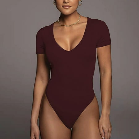 

fartey Women s Bodysuit Short Sleeve Sexy Basics Versatile Scoop Neck Solid Color Fashion Tight Fitting Cutout Jumpsuit