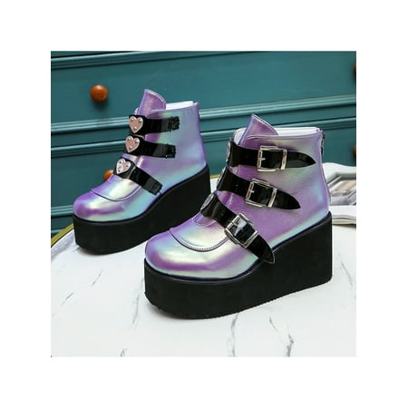 

Avamo Women Boots Platform Thick Heel Punk Chunky-heeled Buckle Strap Casual Shoes