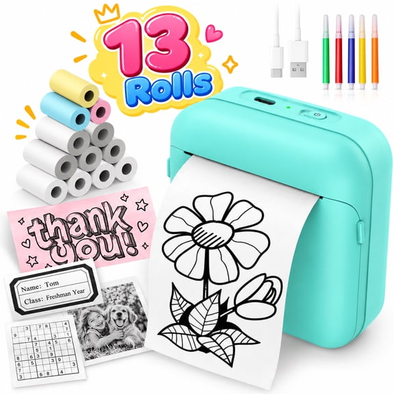 Mini Sticker Printer-Sticker Maker Machine for Kids | Portable Bluetooth Printpods with 13 Rolls Paper, Mini Thermal Printer Suitable for Creative DIY, Photos, Study Notes -Blue