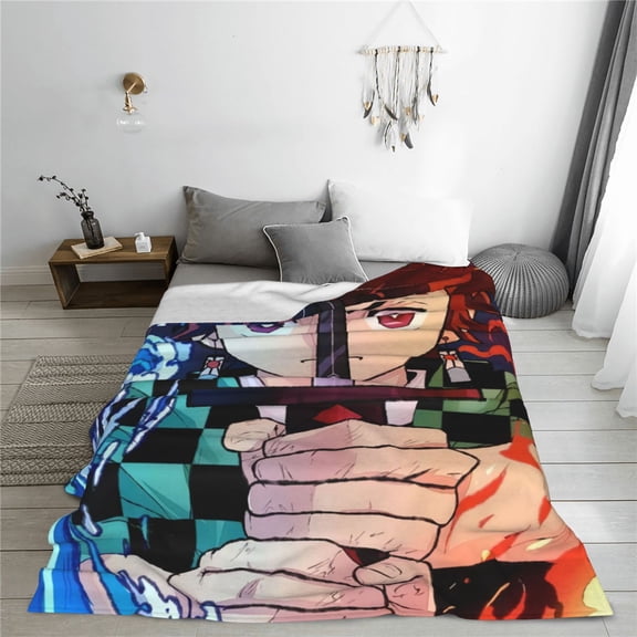 Demon Slayer Cartoon Printing Throw Blanket, All Seasons Flannel Fleece Blanket, Soft & Warm Plush Blankets for Couch Sofa Bed Camping Travel, 40"x30"