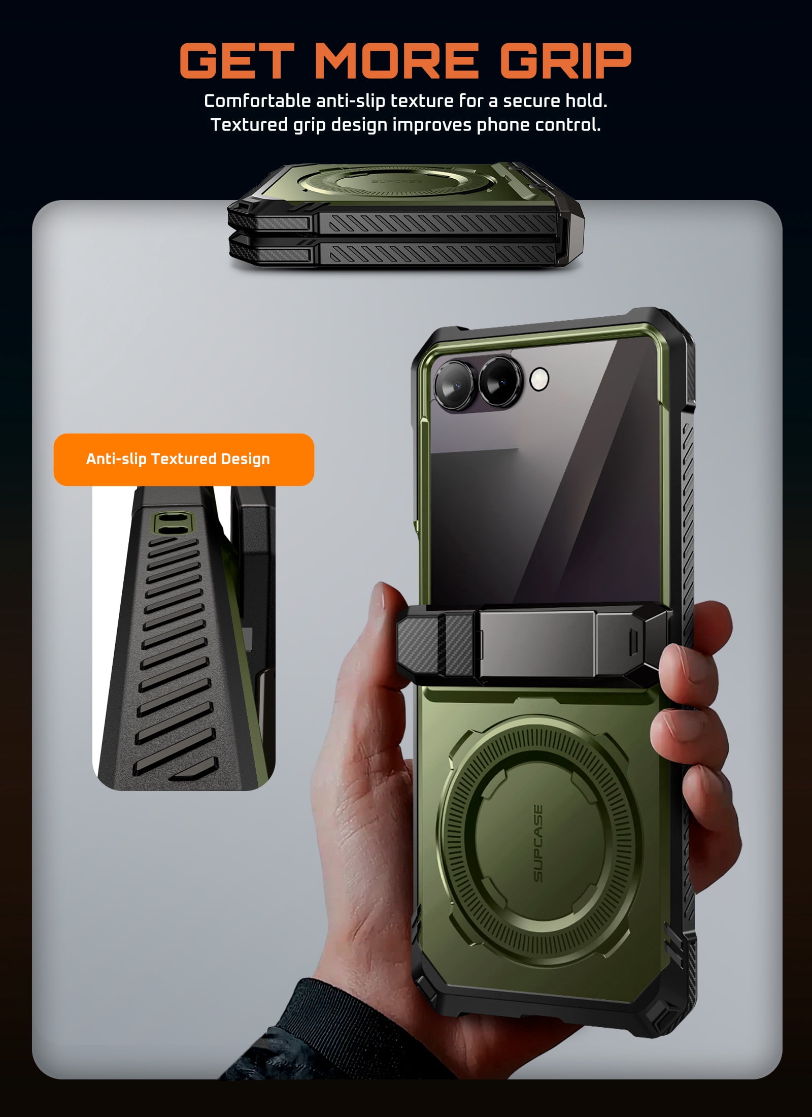 SUPCASE for Samsung Galaxy Z Flip 7 Magnetic Case with Stand & Front Screen Protector, Built-in N52 Magnets [Support MagSafe] Hinge Protection Full Body Military-Grade Rugged Back Phone Cover, Guldan