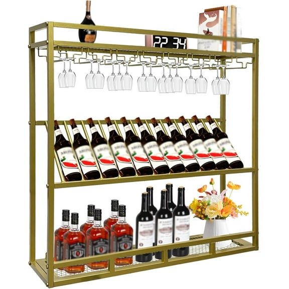 3-Tier Wall Mounted Wine Rack, Wall Mounted Bottle Holder with Wine Glass and Bottle Holders, Liquor Floating Display Storage Shelves, Large Heavy Duty Wine Racks for Home Bar (Gold, 39.4in/100cm)