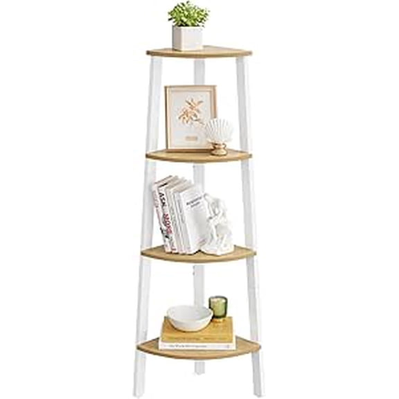Étagère d'Angle VASAGLE, Bibliothèque d'Angle à 4 Niveaux, Étagère Échelle Industrielle, Support pour Plantes pour Salon, Bureau, Cuisine, Chêne Naturel et Blanc Mat