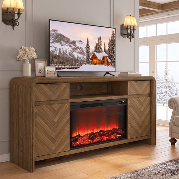 PRPROOS Fireplace TV Stand for TVs up to 75", Warm Modern Entertainment Center with 30" Electric Fireplace, Drawers, Storage Cabinets, Open Shelf & Cable Management, Herringbone Design, Walnut
