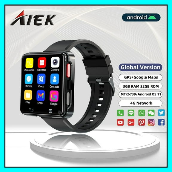 AIEK 4G Network Smart Watch MTK6739 Quad Core 2.64inch HD Screen 3GB RAM 32GB ROM With HD Camera Built-in GPS WIFI Bluetooth 4.2 Single SIM Android 11 Sports Watch