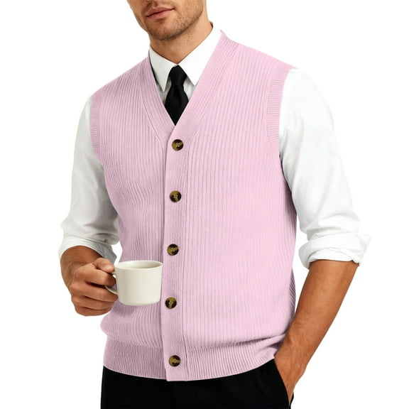 Resicozy Men's Sweater Vest Solid Color V-Neck Sleeveless Knitted Button Down Cardigan Big and Tall Vest Pink XL