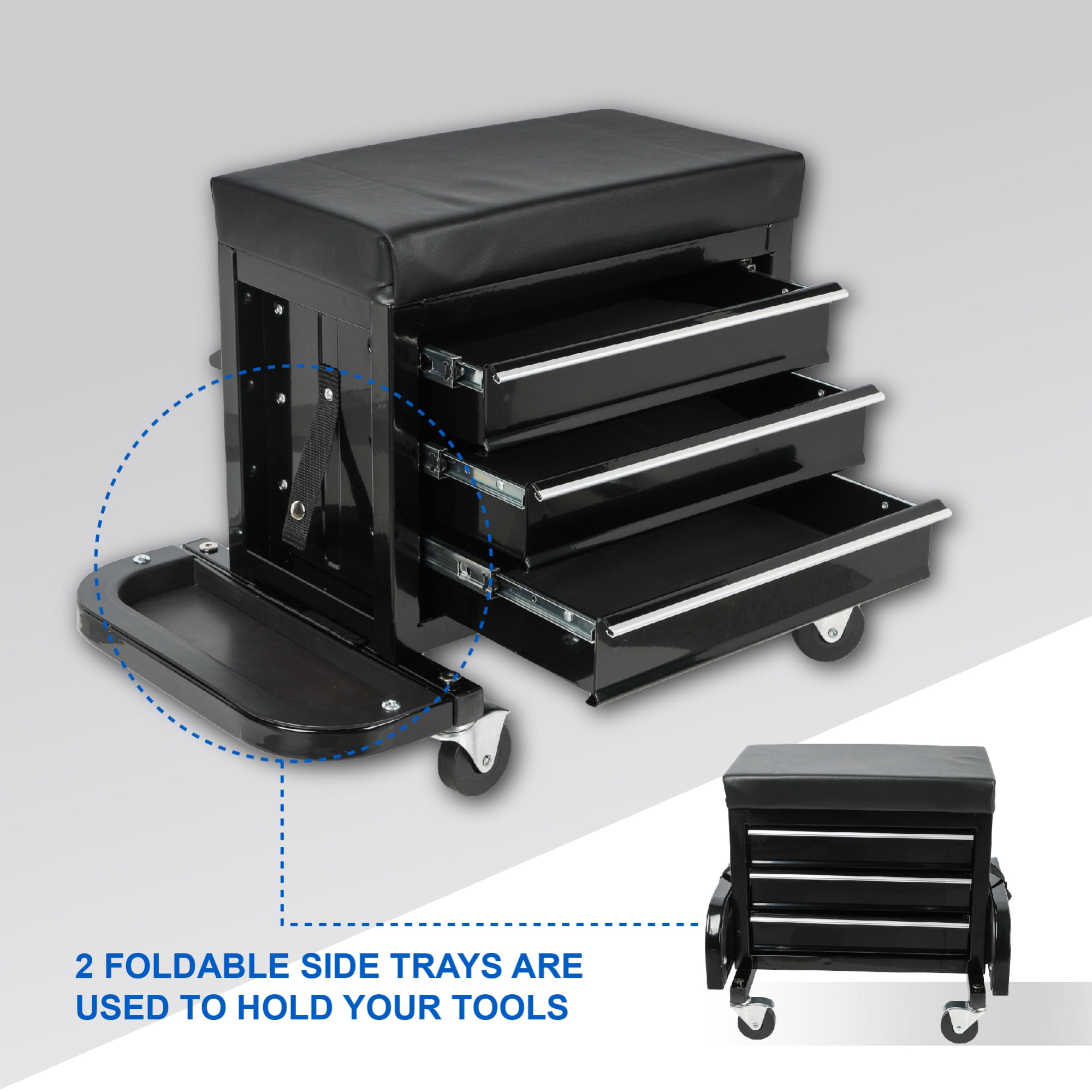 3 Drawer Tool Chest Rolling Mechanic Seat with Tool Trays, 350 lbs Max Weight Capacity, Metal Tool Cart for Garage Workshop,Black