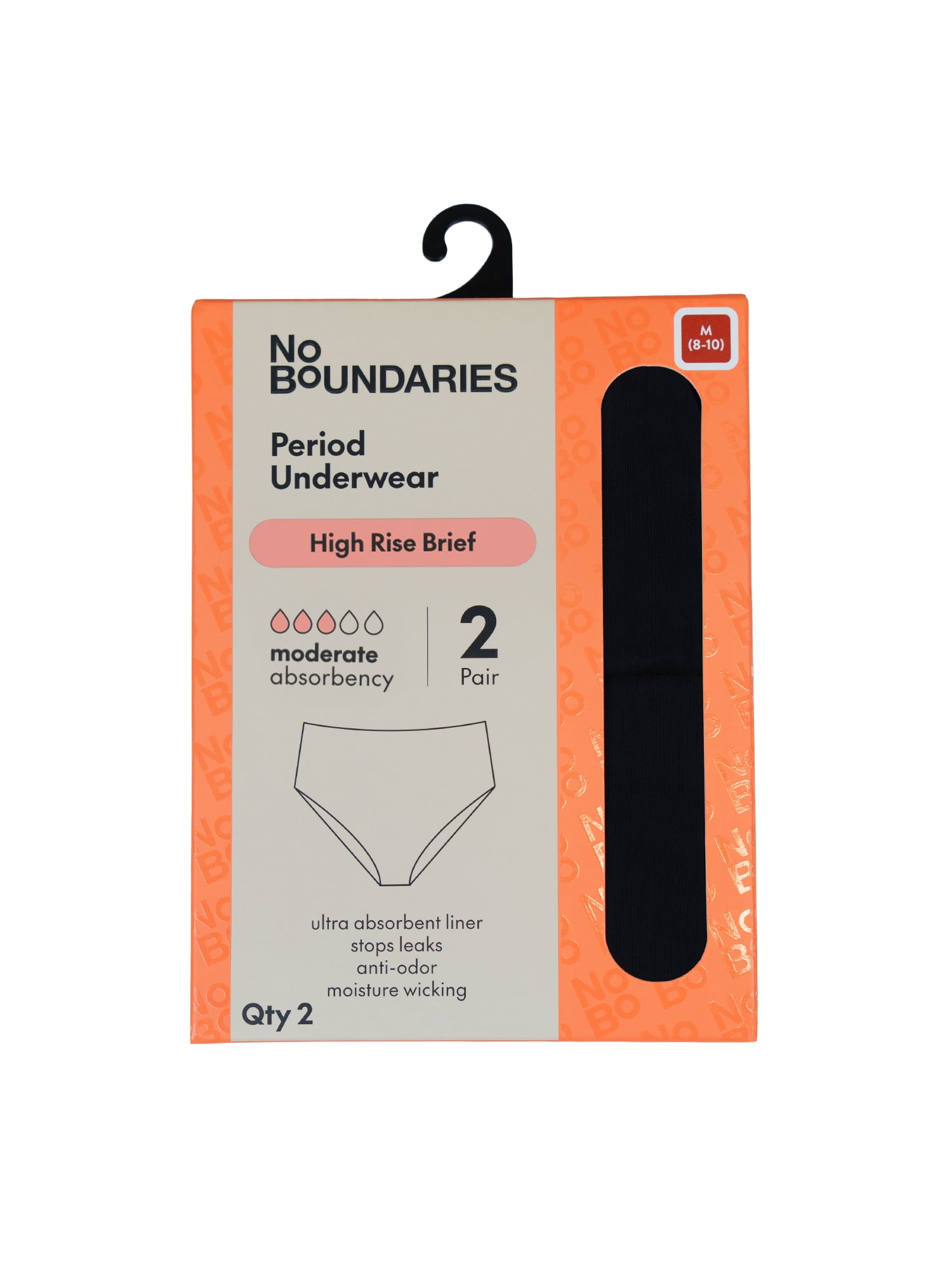 No Boundaries High-Rise Brief Moderate Absorbency Period Underwear, 2-Pack, Women’s Sizes XS-XXL