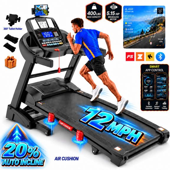 Electric Folding Treadmill for Home, 5.15HP Brushless Motor, 20-Level Auto Incline, 12MPH, 400 lb Capacity Treadmill with 71 Workout Programs, APP Connectivity