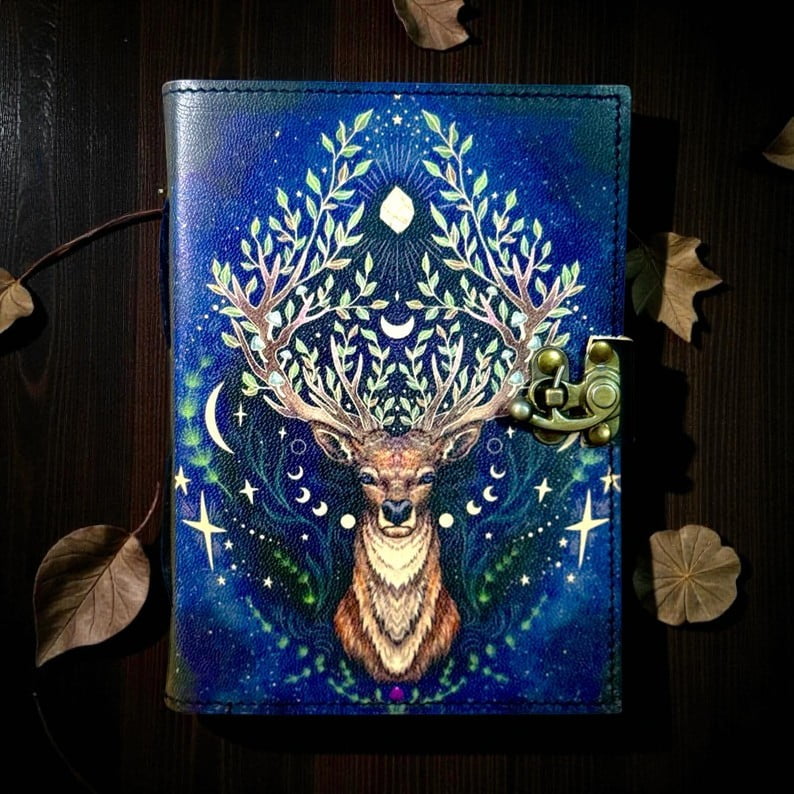 Handmade Leather Celestial Deer Journal, 5x7” Vintage Notebook with 200 Handmade Pages & Antique Clasp – Cosmic Nature Writing Diary