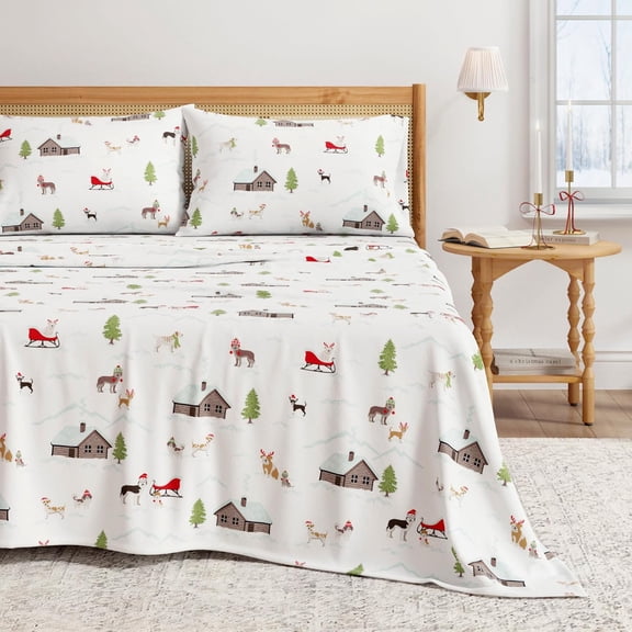 Christmas Flannel Sheet Set Full Size - 100% Turkish Cotton, Double-Brushed, Winter Bed Sheets - Ultra-Soft, Cozy, 4-Piece Holiday Bedding Set (Pups with Hats)