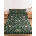 thumbnail image 2 of Full Size Fitted Sheet Set - Middle Century 3 Piece Bedding Sets 16" Deep Pocket Fitted Sheet with 2 Pillowcases, Vintage Rustic Botanical Floral Green Brushed Microfiber Hotel Luxury Bed Sheets, 2 of 9