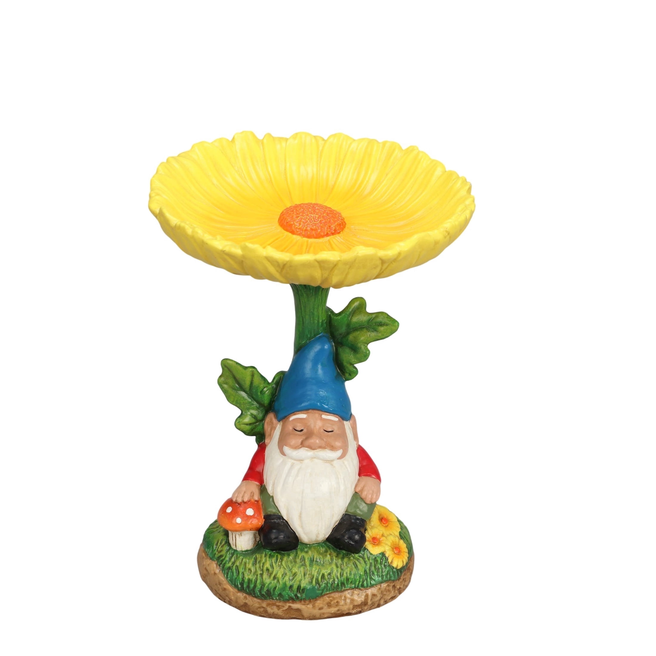 The Growing Ground Daisy Gnome Bird Feeder, Resin Garden Statue with Flower Bowl for Outdoor Patio Decor, Yellow