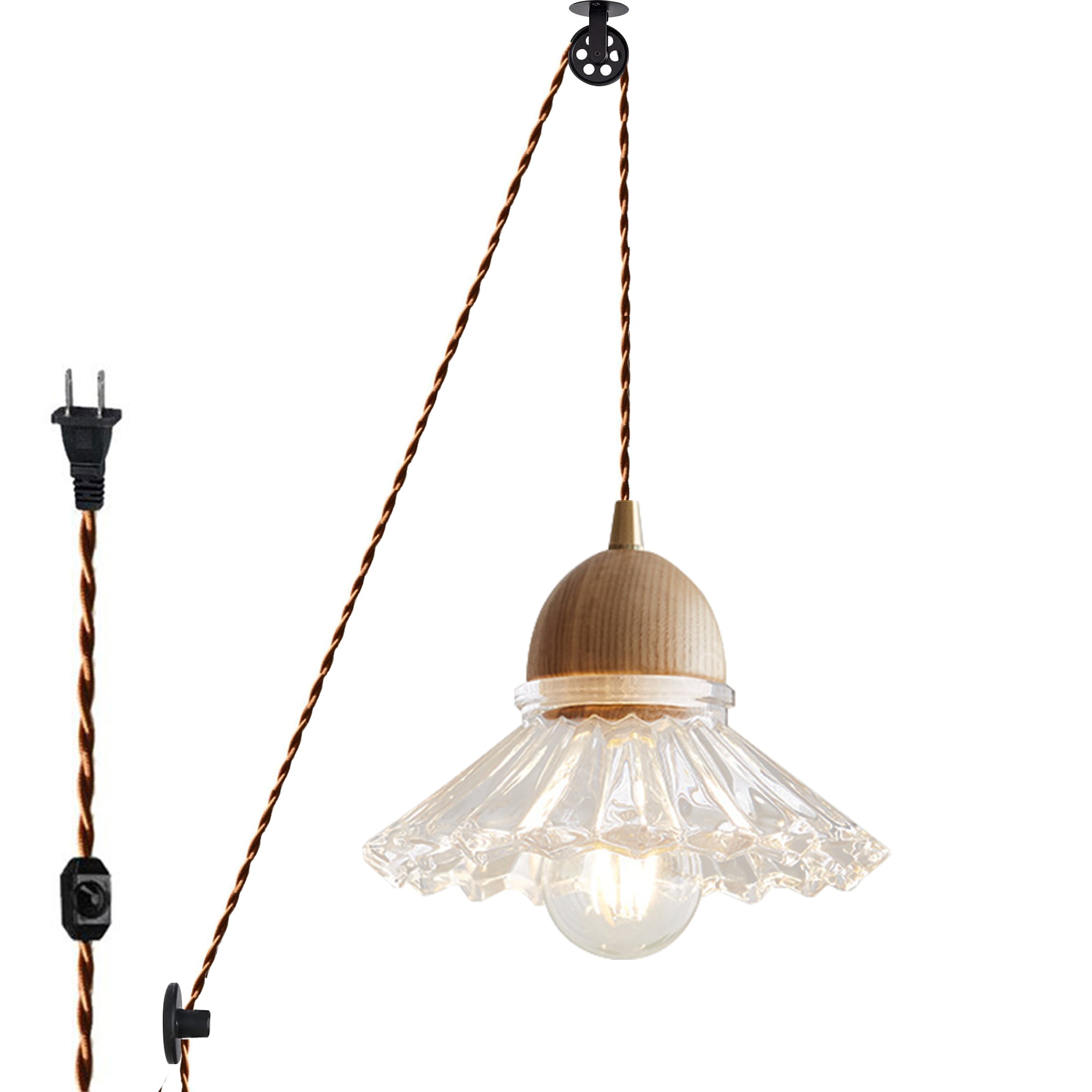 Kiven Plug in Modern Pendant Light, Pulley Hanging Light with Glass