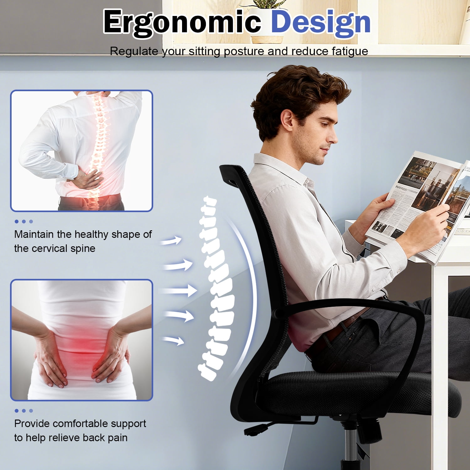 Mid-Back Office Chair, Ergonomic Computer Chair Adjustable Desk Chair with Armrest, Rolling Swivel Chair for Home&Office, Easy to Assemble, Black