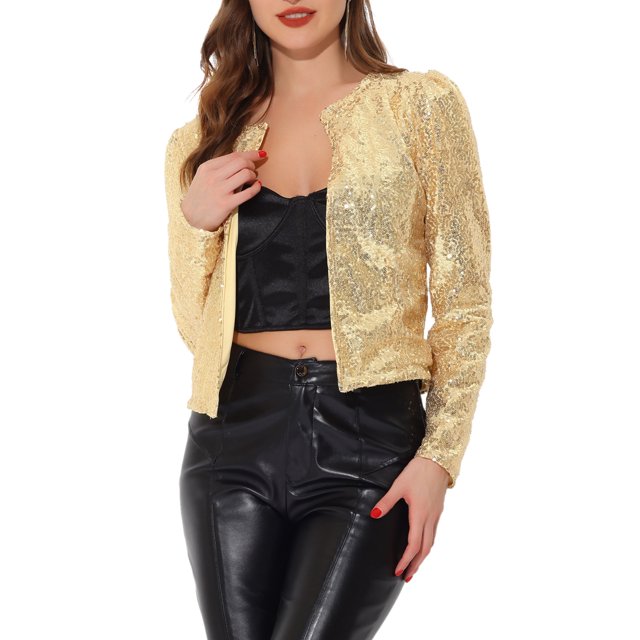 INSPIRE CHIC Women's Crop Open Front Blazer Puff Long Sleeve Sparkly Sequin Jackets S Gold